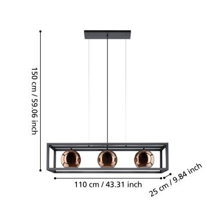 Eglo - Csillár zsinóron 3xE27/40W/230V réz/fekete