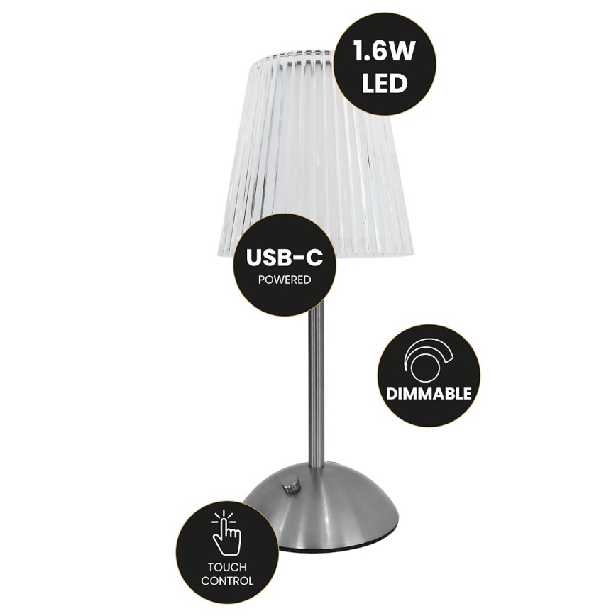 LED érintős, tölthető asztali lámpa ELBA LED/1,6W/800 mAh matt króm/tiszta