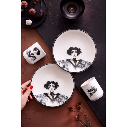 Elegáns 4 részes fekete-fehér porcelán étkészlet