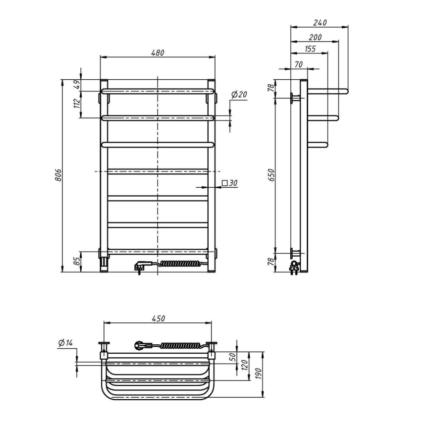Elektromos törölközőszárító FORTIS termosztáttal 155W 80x48 cm IP44 fehér jobb oldali