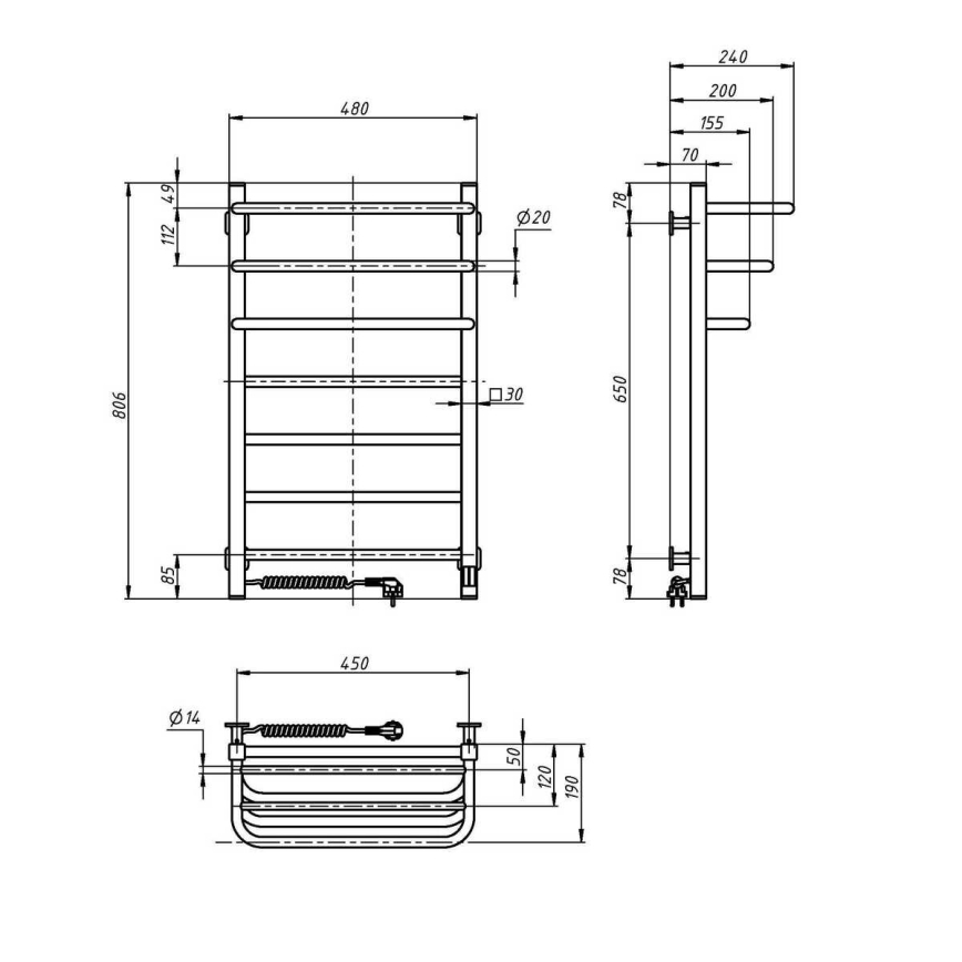 Elektromos törölközőszárító termosztáttal FORTIS 155W 80x48 cm fehér, balos