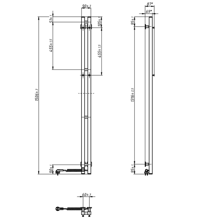 Elektromos törölközőszárító termosztáttal SILOUETTE 106W 150x9cm  fehér jobb oldali