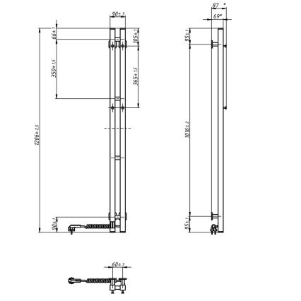 Elektromos törölközőszárító termosztáttal SILOUETTE 70W 120x9 cm fehér, jobb oldali