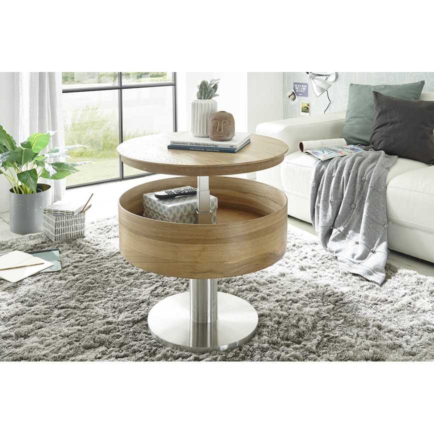 ELEMENT dohányzóasztal emelhető asztallappal, átm. 60 cm, tölgy/ezüst