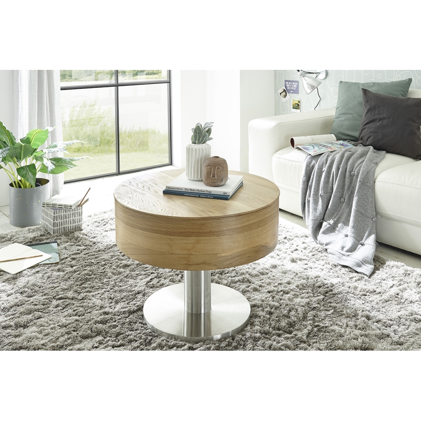 ELEMENT dohányzóasztal emelhető asztallappal, átm. 60 cm, tölgy/ezüst