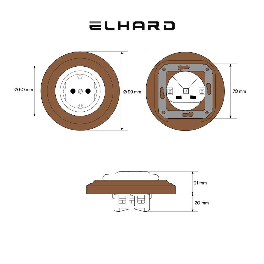 Elhard - Kerámia retro háztartási SCHUKO dugalj kerettel 230 V, fekete/sötét fa