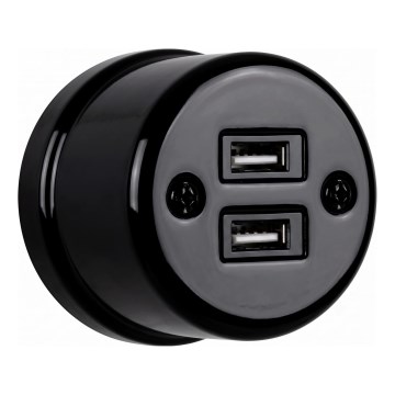 Elhard - Retro kerámia fali aljzat 2x USB-A, fekete