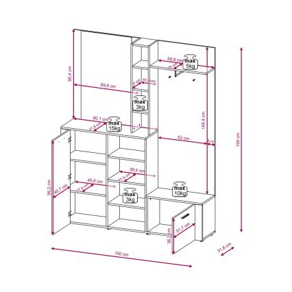 Előszobafal tükörrel KEVIN barna/fehér