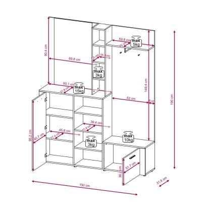Előszobafal tükörrel KEVIN, barna/fekete