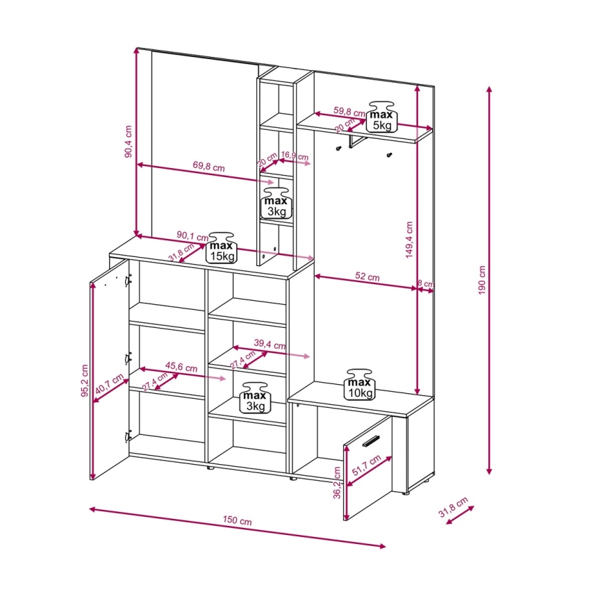 Előszobafal tükörrel KEVIN, barna/fekete