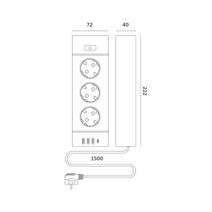 LINEA PRO elosztó kapcsolóval 3x 230 V + 3x USB-A + 1x USB-C SCHUKO 1,5 m fehér