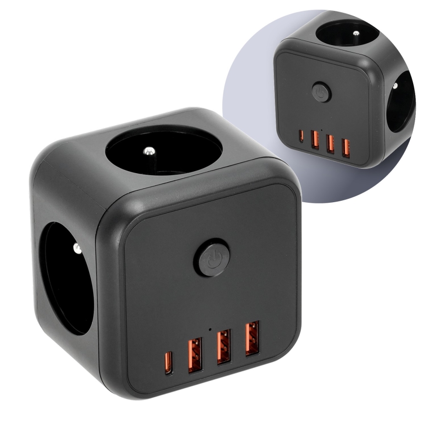 Elosztó konnektor kapcsolóval LINEA 3x230V + 4xUSB A/C fekete