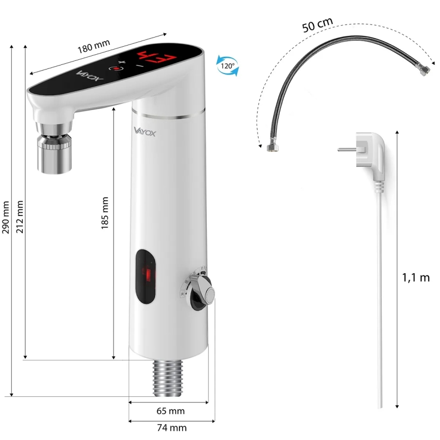 Érintőképernyős átfolyós vízmelegítő érzékelővel és LED kijelzővel 3000W/230V IPX4 fehér