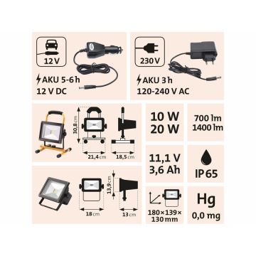 Extol - LED Újratölthető reflektor LED/20W/3600 mAh/11,1V IP65