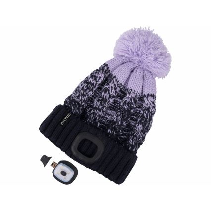 Extol - Sapka beépített fejlámpával és USB-töltéssel, 300 mAh, kék/lila, pomponnal, UNI méret