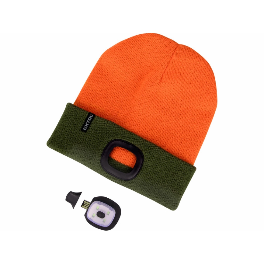 Extol - Sapka beépített fejlámpával és USB-töltéssel, 300 mAh, neon narancs/neon zöld, univerzális méret