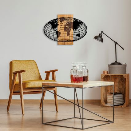 Fali dekoráció 87x58 cm földgömb fa/fém