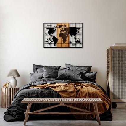 Fali dekoráció 90x58 cm fa/fém térkép