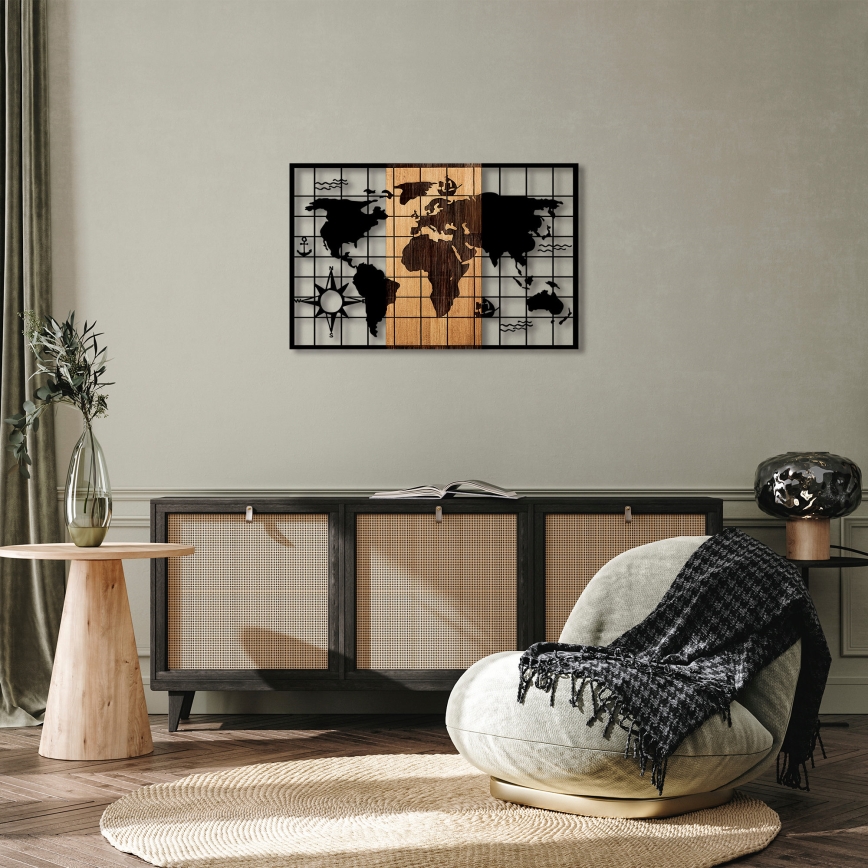 Fali dekoráció 90x58 cm fa/fém térkép