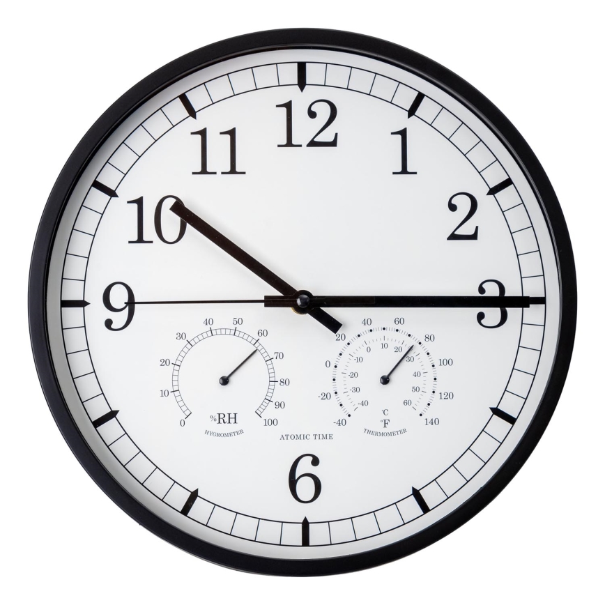 Fali óra hőmérővel és páratartalom-mérővel, átmérő 30 cm, 1xAA, fekete/fehér
