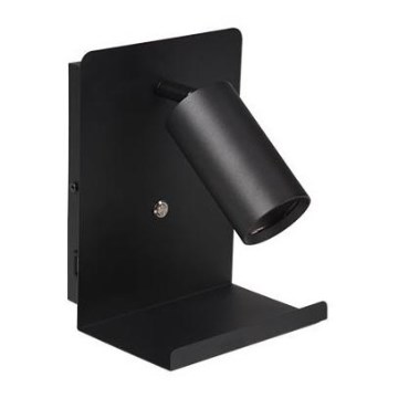 Fali spotlámpa polccal és USB töltővel 1xGU10/35W/230V fekete