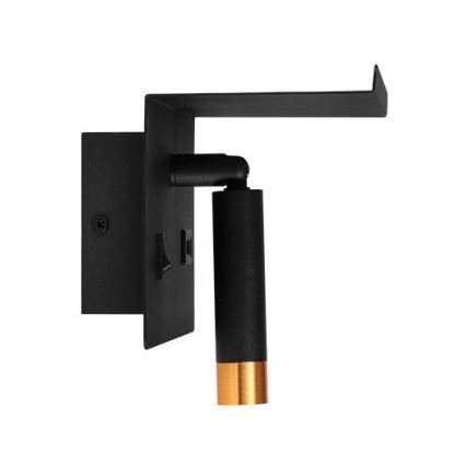 Fali spotlámpa polccal és USB töltővel 1xG9/35W/230V fekete/arany