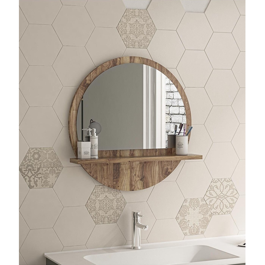 Fali tükör polccal 45x45 cm barna