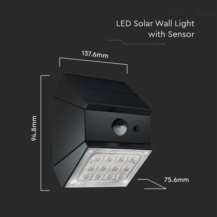 LED fali napelemes lámpa szenzorral LED/2,5W/3,7V 3000/4000/6000K IP65 1200 mAh fekete