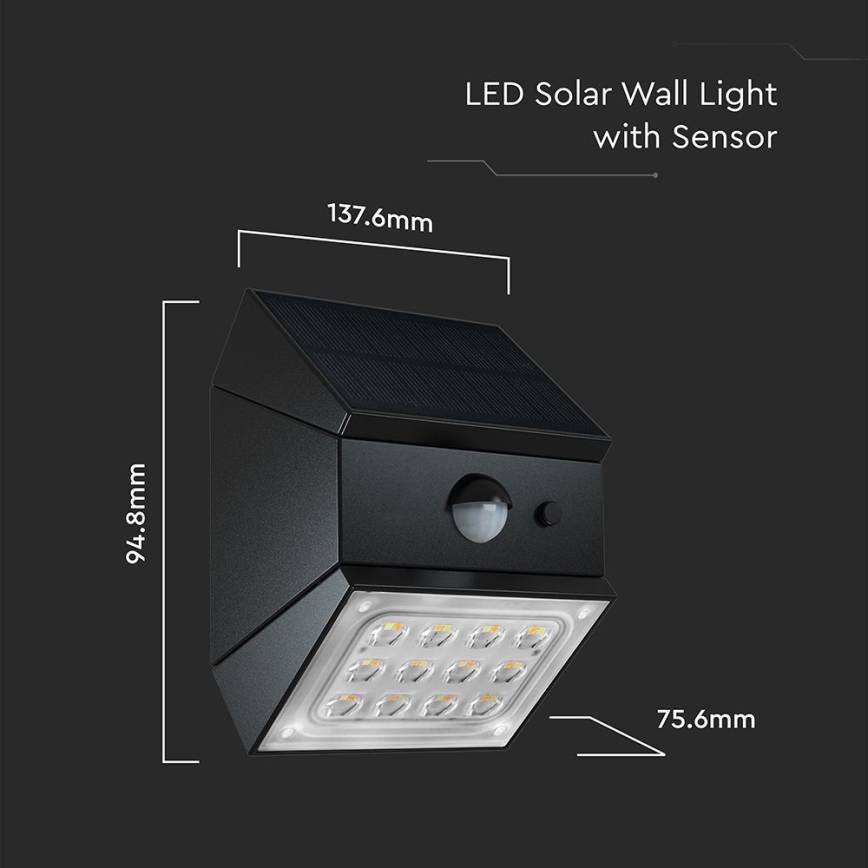 LED fali napelemes lámpa szenzorral LED/2,5W/3,7V 3000/4000/6000K IP65 1200 mAh fekete