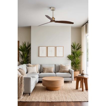 FARO 33398WT - Mennyezeti ventilátor JUST FAN M, átmérő 128 cm, barna/sárgaréz, Wi‑Fi (Tuya) + távirányító