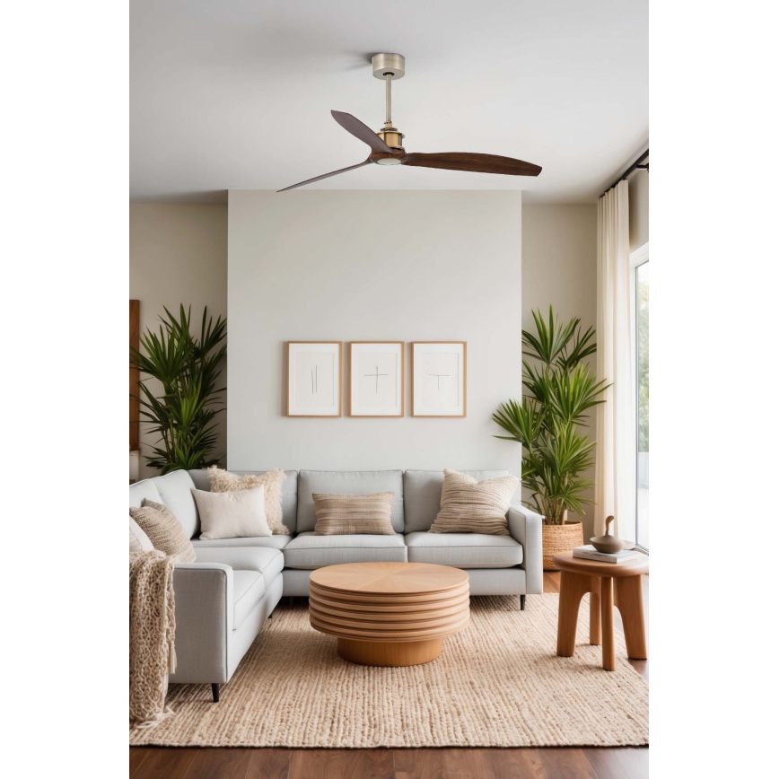 FARO 33398WT - Mennyezeti ventilátor JUST FAN M, átmérő 128 cm, barna/sárgaréz, Wi‑Fi (Tuya) + távirányító