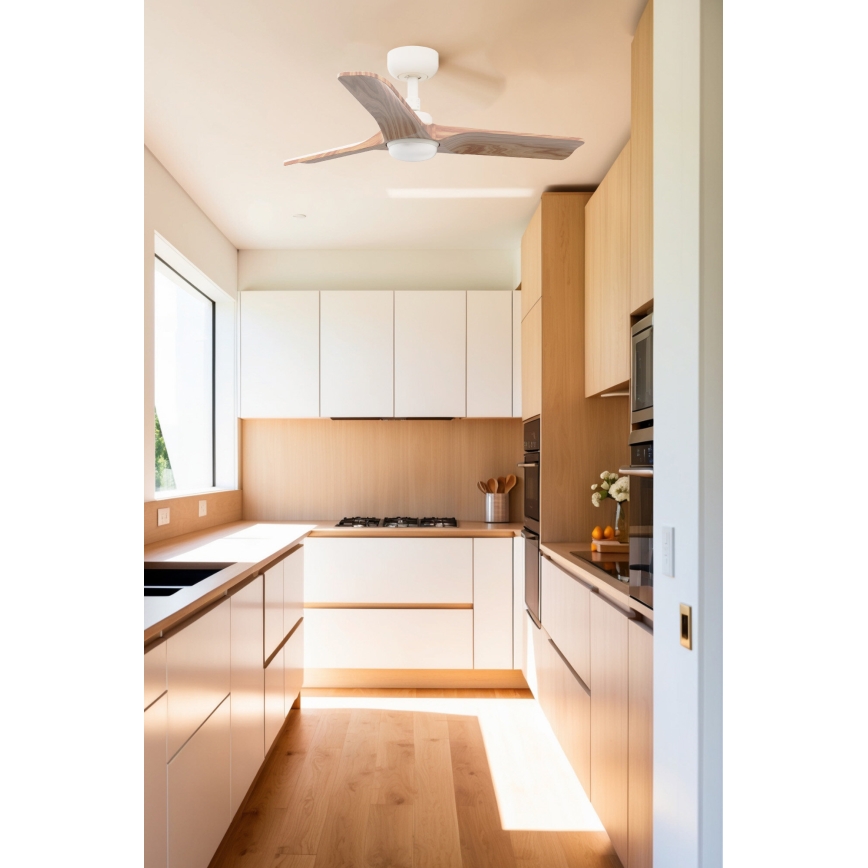 FARO 33805WT-1TW - LED fényerőszabályozható mennyezeti ventilátor HEYWOOD S LED/10W/230V 2700/3000/4000K fa/fehér átm. 90 cm Tuya Wi‑Fi + távirányító