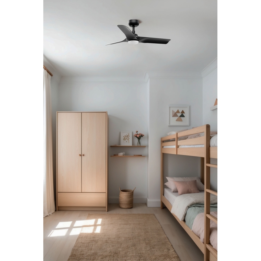FARO 33825WT1S - dimmelhető LED mennyezeti ventilátor HEY S LED/10W/230V 2700/3000/4000K, átm. 90 cm, fekete, Tuya Wi‑Fi + távirányító