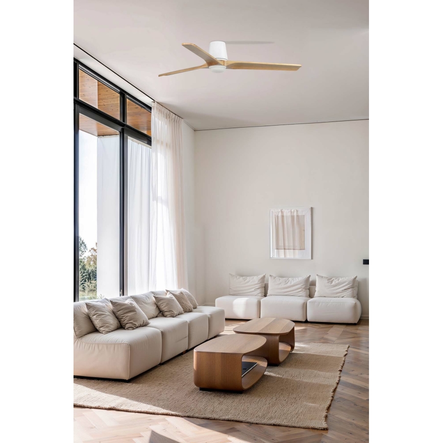 FARO 33838WT-1TW - LED dimmelhető mennyezeti ventilátor HEYWOOD TUB L LED/10 W/230 V 2700/3000/4000 K fenyő/fehér átm. 132 cm Tuya Wi‑Fi + távirányító