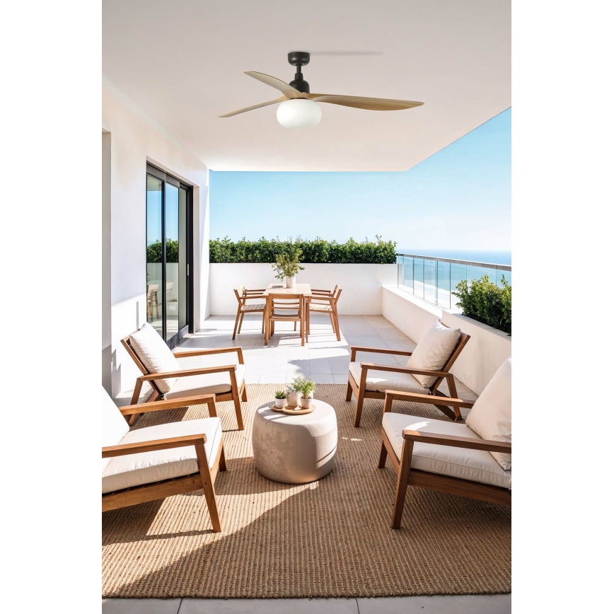 FARO 34360WT-11L - OUTWOOD L mennyezeti ventilátor 1× E27 (15W) / 230V, barna/fekete, átm. 150 cm, Wi-Fi Tuya, IP44 + távirányító