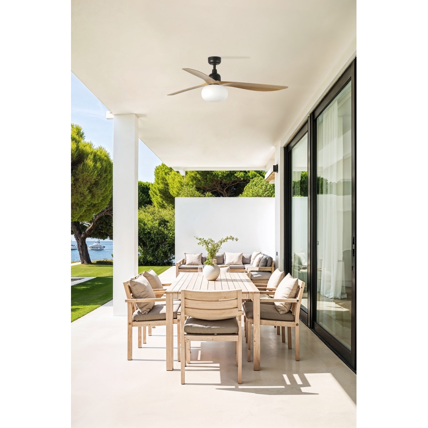 FARO 34360WT-11L - OUTWOOD L mennyezeti ventilátor 1× E27 (15W) / 230V, barna/fekete, átm. 150 cm, Wi-Fi Tuya, IP44 + távirányító