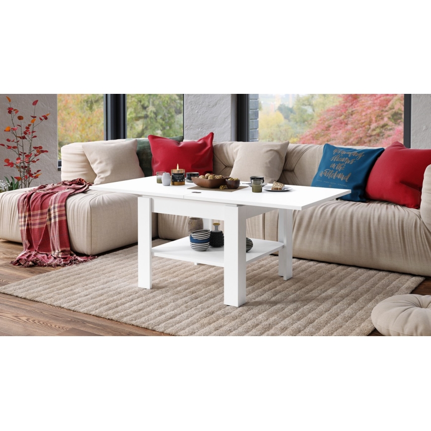 Kihajtható konferencia/étkezőasztal LIA fehér tárolópolccal