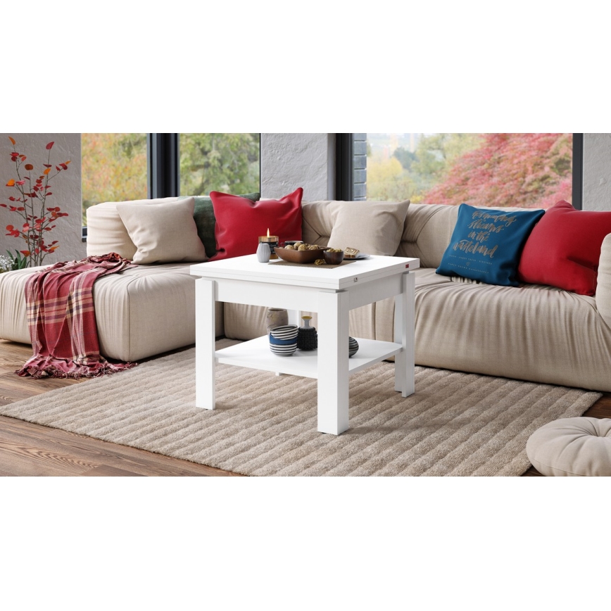 Kihajtható konferencia/étkezőasztal LIA fehér tárolópolccal