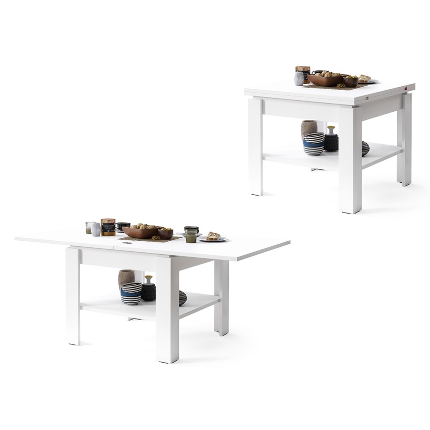 Kihajtható konferencia/étkezőasztal LIA fehér tárolópolccal