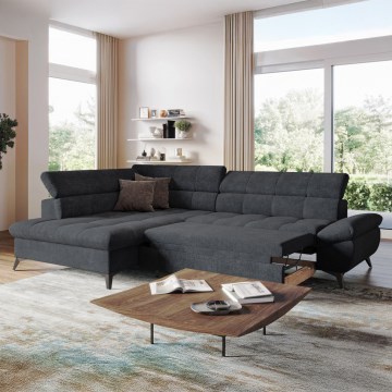 Fekete, balos, L-alakú, kihúzható sarokkanapé MARANO