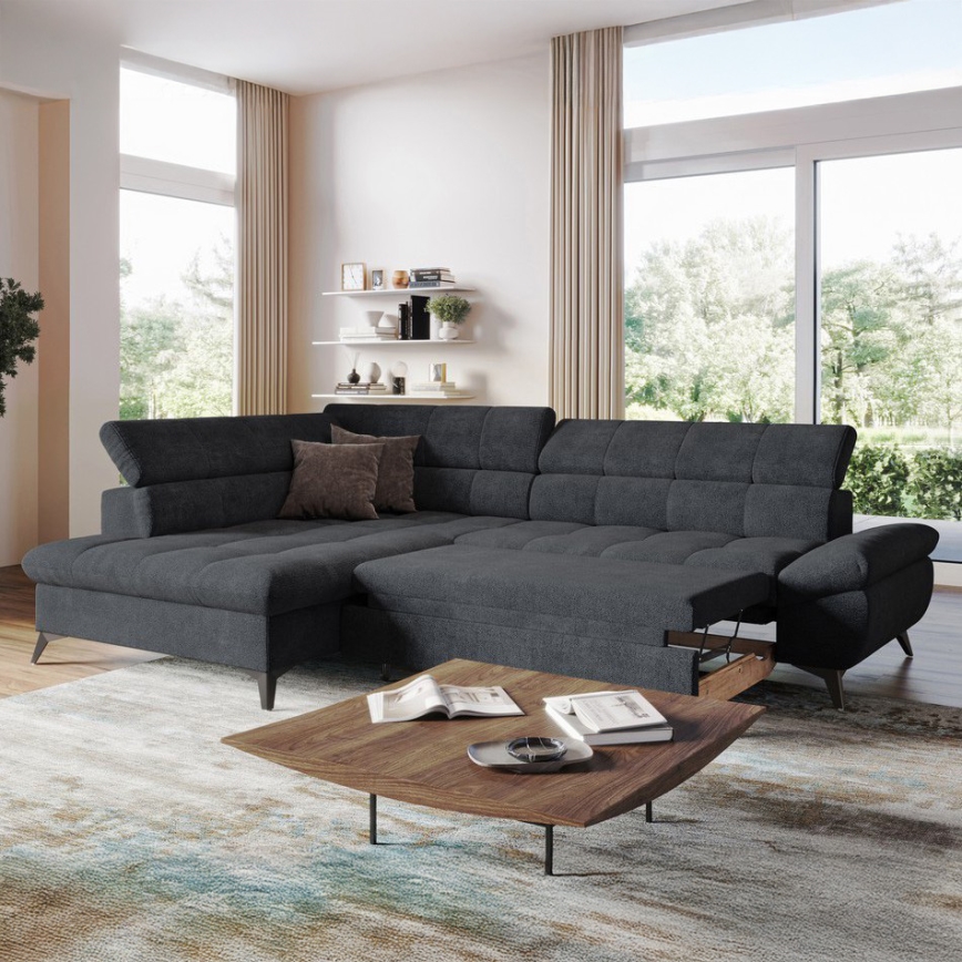 Fekete, balos, L-alakú, kihúzható sarokkanapé MARANO