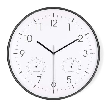 Fekete falióra hőmérővel és páratartalom-mérővel, Ø 30,5 cm, 1xAA