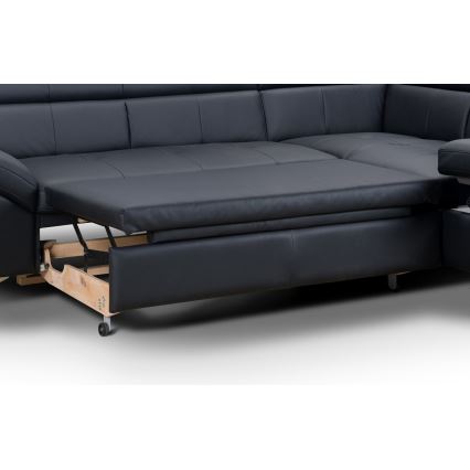 Fekete, jobbos, bőrkárpitos, L alakú, kihúzható sarokkanapé SALERNO II