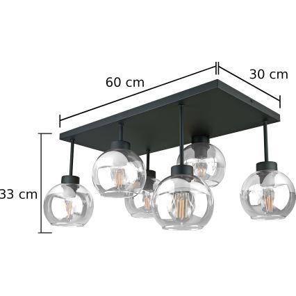 Felületre szerelhető csillár  NESSA 6xE27/60W/230V fekete/átlátszó