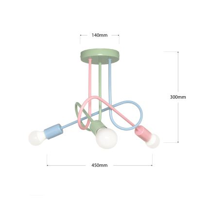 Felületre szerelt OXFORD csillár 3xE27/15W/230V zöld/rózsaszín/kék