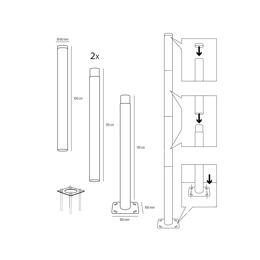 Fém oszloprúd BASE kültéri világításhoz, 4 m, Ø 60 mm, fekete