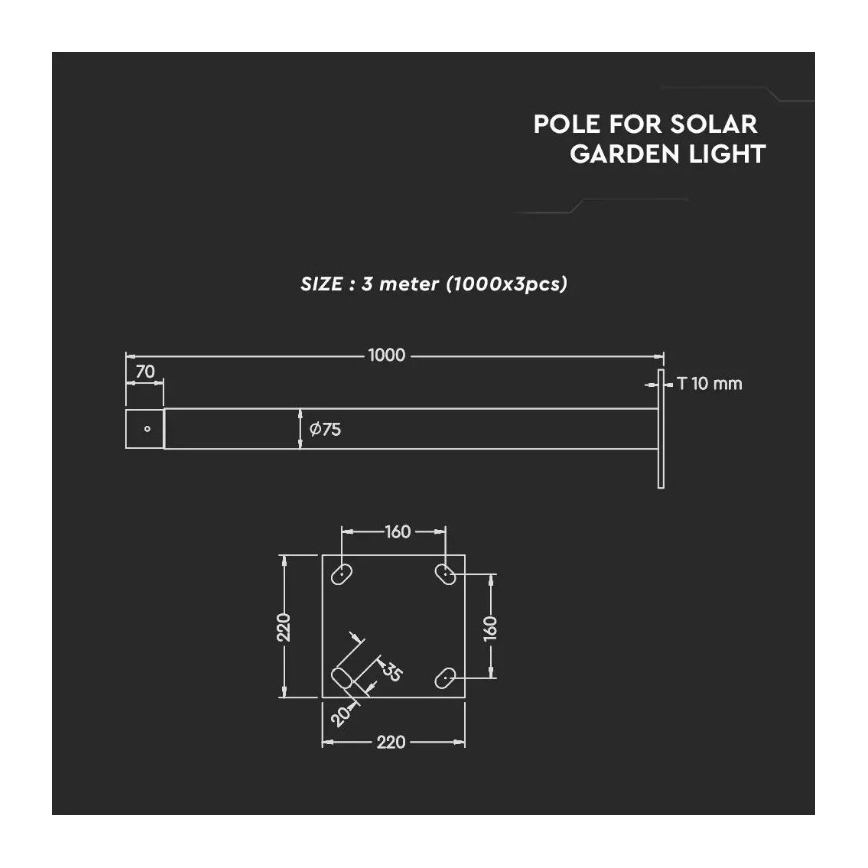 Fém rúd állvánnyal napelemes lámpához, 3 m