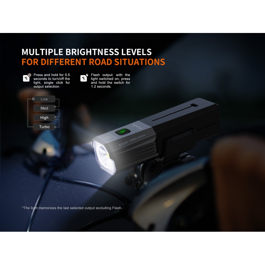 Fenix BC22R - LED fényerőszabályozható újratölthető kerékpárlámpa LED/USB 3400 mAh IP66 1400 lm 41 óra fekete