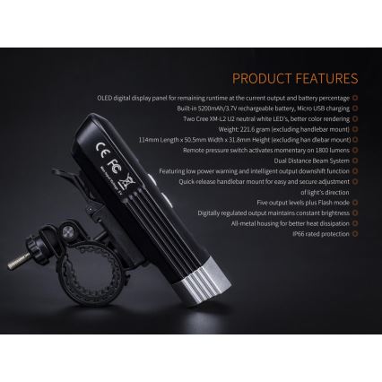 Fenix BC30RV2 - LED Újratölthető kerékpár lámpa LED/USB IP66 1800 lm 36 óra