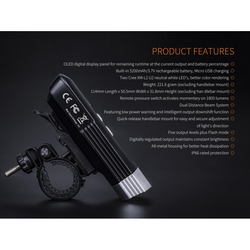Fenix BC30RV2 - LED Újratölthető kerékpár lámpa LED/USB IP66 1800 lm 36 óra